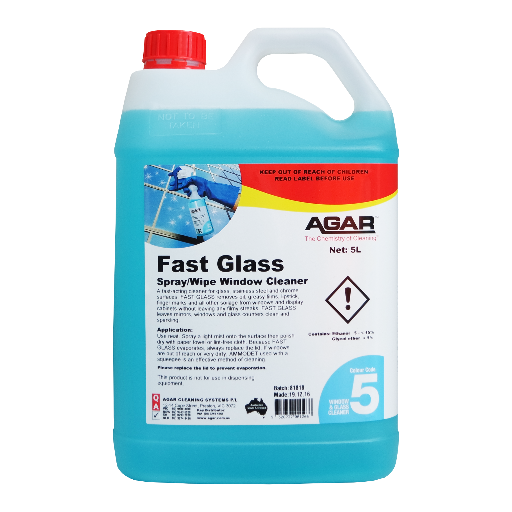 Agar Fast Glass 5L - Spray/Wipe Window Cleaner